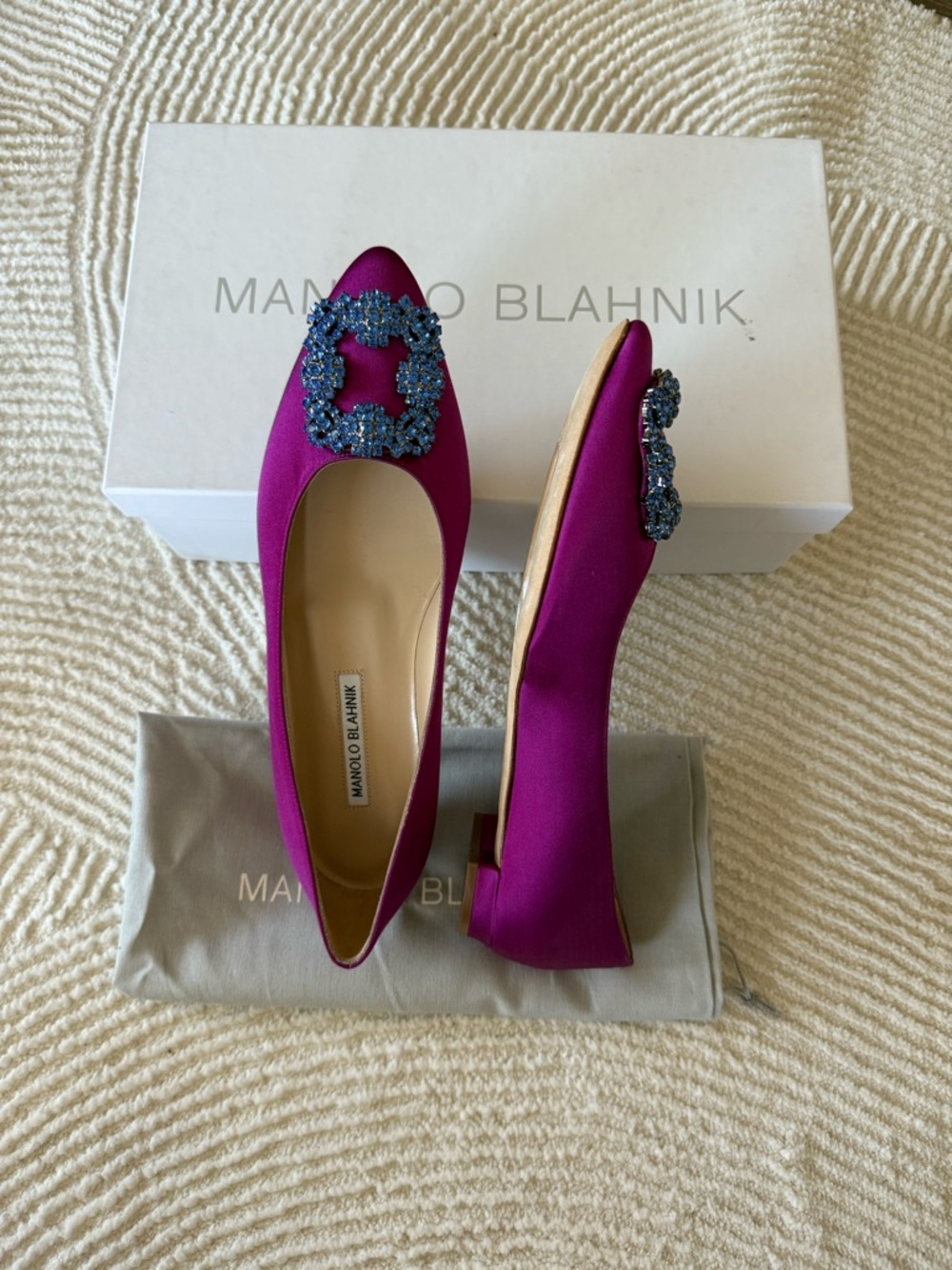 NEW Manolo Blahnik Hangisi Satin Pointed-Toe Flats with Blue Crystal Buckles - Picture 2 of 5